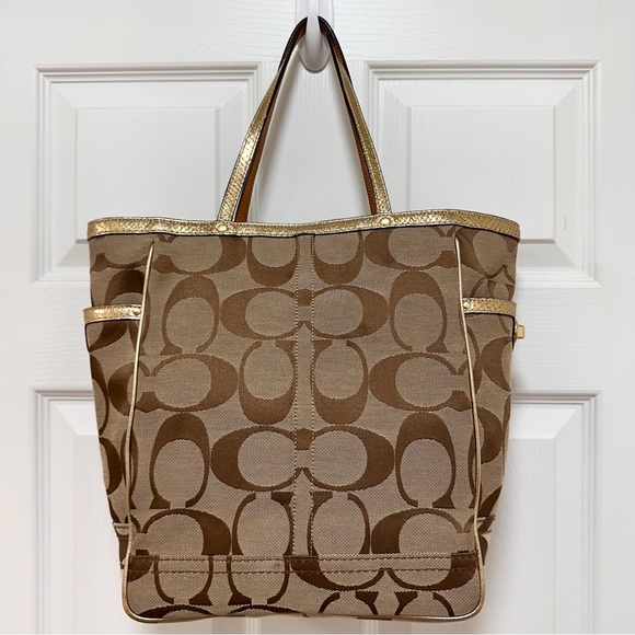 Coach Signature Canvas Vintage Tote Gold Snakeskin Embossed Leather - Picture 5 of 14